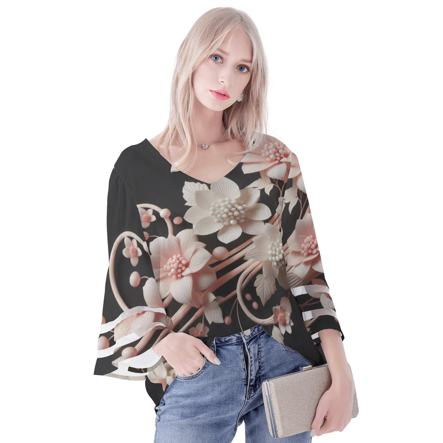 Mia Collection Womens Loose Chiffon Blouse with Puff Sleeves