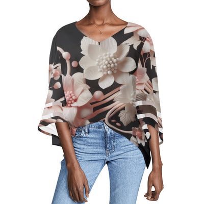 Mia Collection Womens Loose Chiffon Blouse with Puff Sleeves