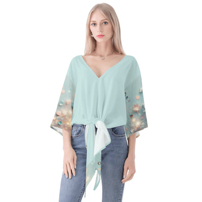 Mia Collection Women V-neck-Tie Front Knot Chiffon Blouse